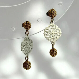 Vintage White Enamel Snowflake Gold Toned Dangle Geometric Post Back Earrings